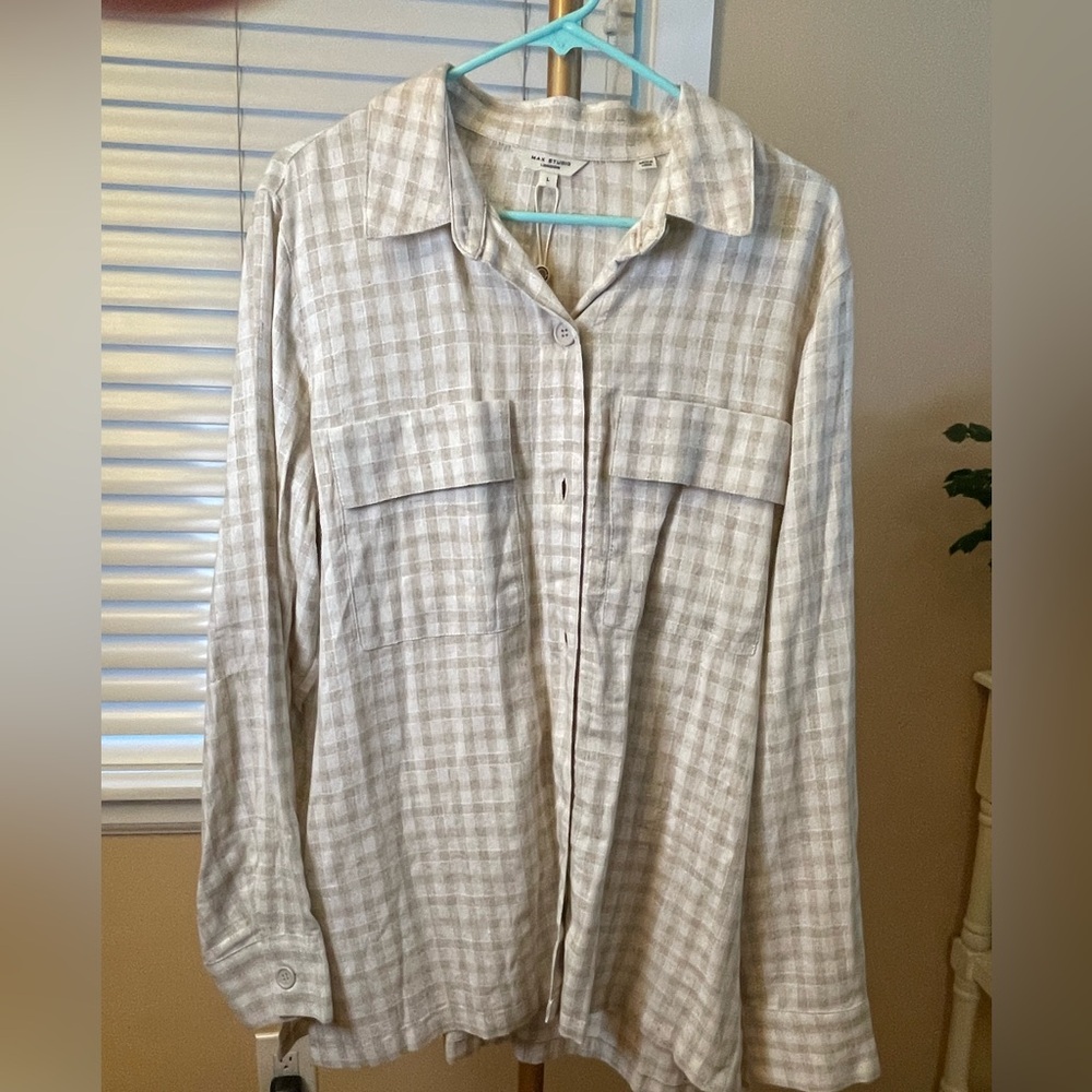 NWT Max Studio Beige Plaid Shirt, xl,